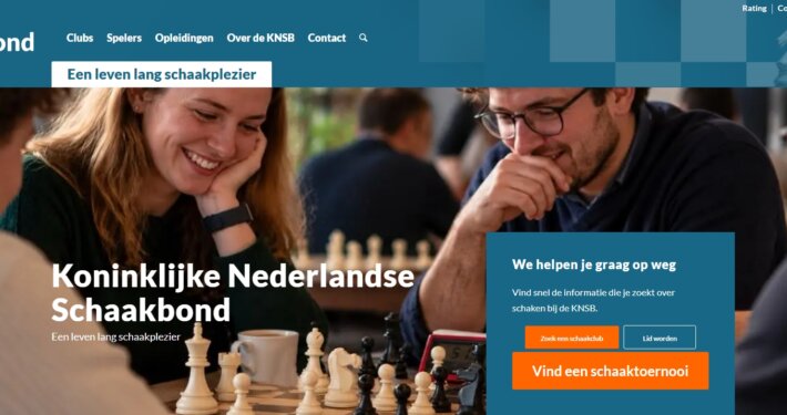 Homepage van schaakbond.nl met de vernieuwde navigatie en de hoofdonderdelen Clubs, Spelers, Opleidingen, Over de KNSB en Contact.