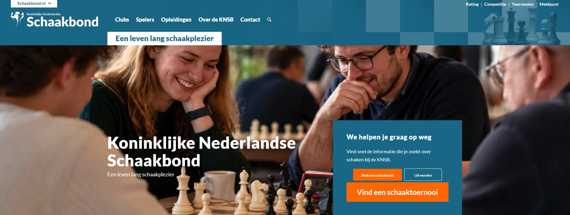Homepage van schaakbond.nl met de vernieuwde navigatie en de hoofdonderdelen Clubs, Spelers, Opleidingen, Over de KNSB en Contact.